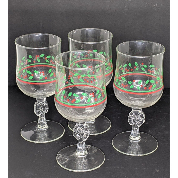 Arby's Holly Berry Bow Stem Wine Glasses Christmas Vintage 1980's Set of 4 - Picture 4 of 4